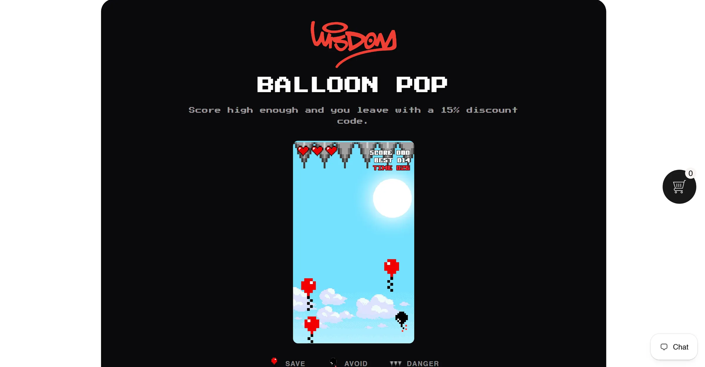 The Arcade page, a balloon-pop game for a discount